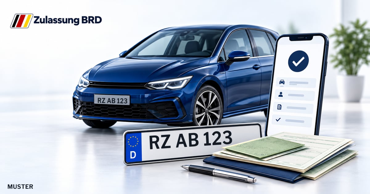Online Fahrzeugzulassung in Ratzeburg: Musterkennzeichen RZ AB 123, Auto und Fahrzeugpapiere und Smartphone. Illustration mit Logo von Zulassung BRD.
